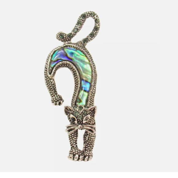 Stretching Cat brooch pin in abalone shell, crystals, and in an antique finish - Picture 1 of 5